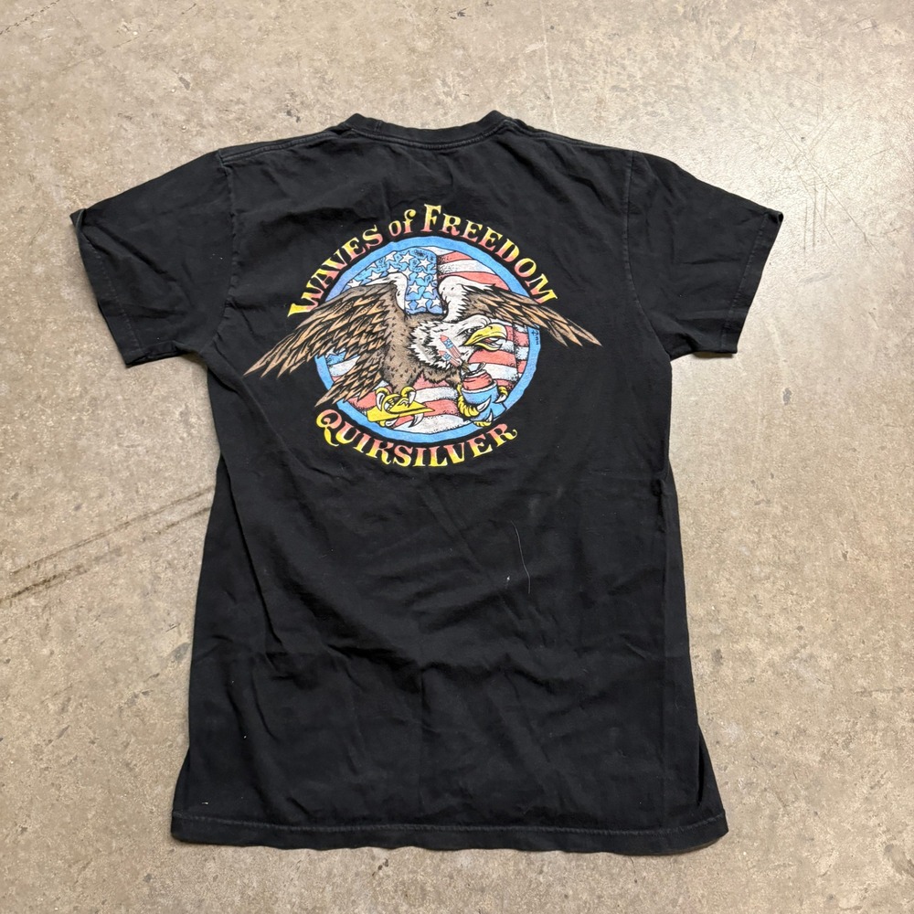 Quiksilver Mens Black Waves of Freedom Eagle Graphic T-Shirt Medium Regular Fit